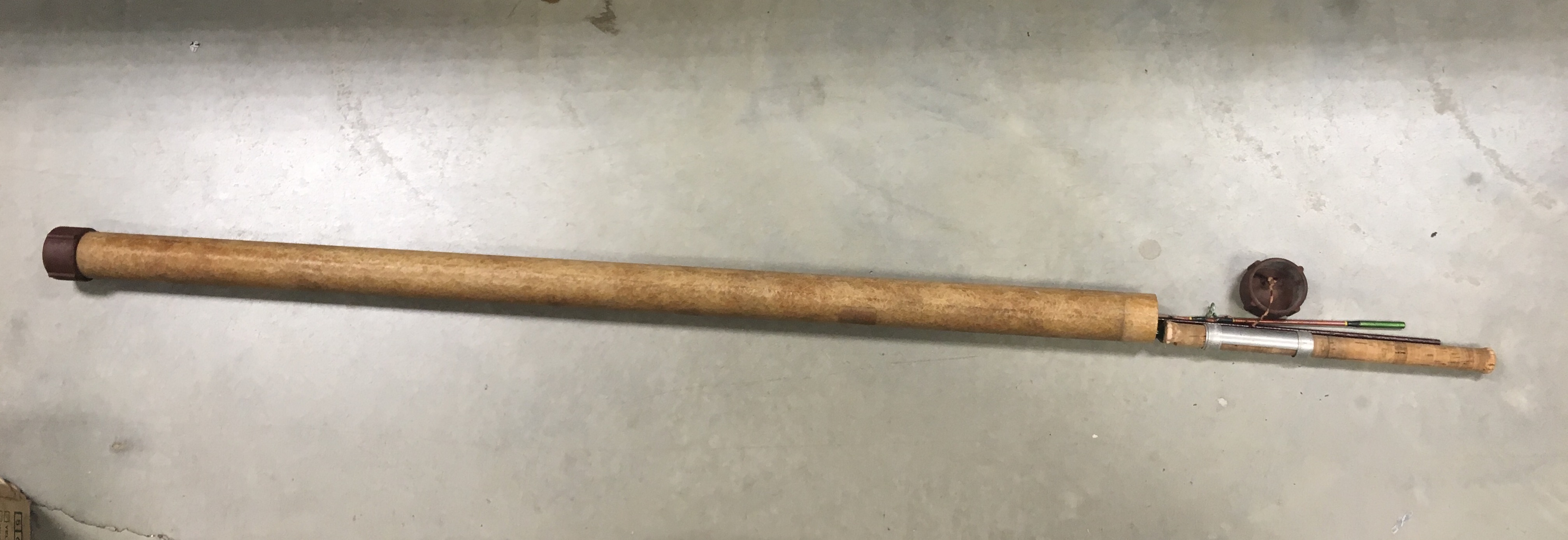 Two piece shakespear spinning rod and one other for repair in a Durmont fibre glass rod cane