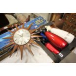 Metamec Sunburst Wall Clock together with Five Retro BOC Soda Syphons of various colours