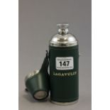 Stainless Steel 802 Hip Flask & Four Stirrup Cup Set in Green Leather Case
