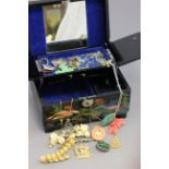 Laquer & abalone shell jewellery music box a/f with costume jewellery inc some silver