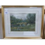 Framed & glazed early 20th C watercolour of a rural scene with bridge signed by Fred J Maher