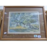 Watercolour signed Country scene with man & child