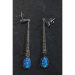 Pair of silver marcasite and opal Art Deco style drop earrings