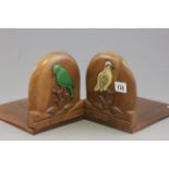 Pair wooden book ends with carved bird decoration