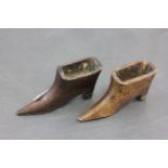 Two 19th century treen snuff boxes in the form of shoes, each lacking a lid