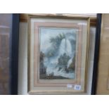 19th C watercolour Continental rural scene with fisherman inscribed Cascatelles Je Tyuoli