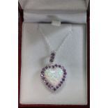 Silver opal and pink sapphire heart shaped pendant necklace on silver chain