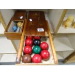 Boxed part set of miniature snooker balls and a vintage billiard ball in box