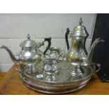 Silver plated coffee and tea service and two silver plated trays