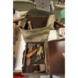 Wooden Tool Box and a Wartime Canvas Tool Bag with Various Vintage Wooden Handled Tools including