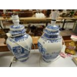 Two blue and white Spode lamps