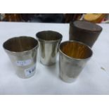 Set of Three Silver Plated Stacking Hunting Stirrup Cups in Leather Case