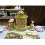 French gilded spelter clock garniture with painted cherubs (af)