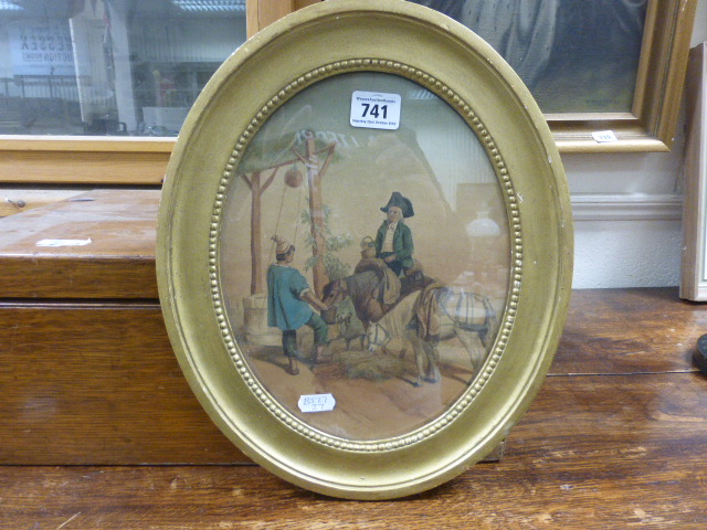 Oval watercolour 19th C gent on horseback at a well