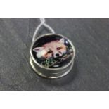 Silver pill box inset with enamel fox image to the lid