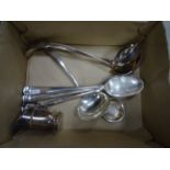 Three silver plated ladles and a set of servers and spoon on silver dish marked 800. and a plated