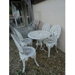 Painted white metal garden bistro set comprising table & four chairs