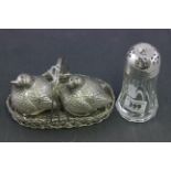 A pair of silver plated "wrens" cruets in wine basket, and a glass sugar shaker