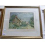 F Mercer early 20th C watercolour figures by a thatched cottage