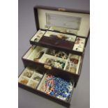 Tan coloured jewellery box containing costume jewellery inc some silver