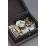 Wooden box of collectable's including buttons, lighters etc