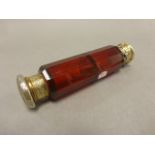 Victorian Double-Ended Red Glass Scent Bottle with Silver Gilt Lids to either end, London 1857