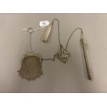 Early 20th century Silver Chatelaine Clip with three attachments being White Metal Chain Mail Purse,