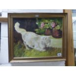 Oil on Panel of a White Persian Cat