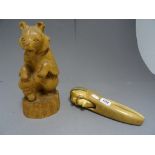 Russian Carved Wooden Bear with original label to base together with a Wooden Carved ' Old Man '