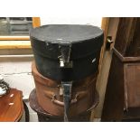 A vintage leather hat box, plus one other hat box