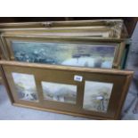 Three watercolours of a country scenes, along with various other picture and a wooden tray