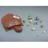 A papier-mache novelty trinket box in the form of a turtle and a quantity of miniature animals