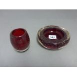 Whitefriars Red Glass Controlled Bubble Vase and Shallow Bowl