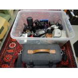 Box of assorted cameras, lenses and accessories including Minolta, Mamiya & Canon