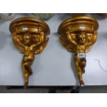 Pair of Gold Effect Plaster Cherub Wall Brackets