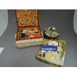 Vintage Wicker Sewing Box with Vintage Sewing Equipment and Threads together with a Tin and a Box