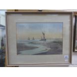 Denis Dellow framed watercolour of fishing boats in still waters