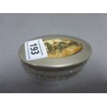 Hobnail Glass Oval Trinket Box, the White Metal Lid set with a Horse Racing Scene