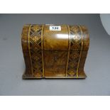 A Victorian walnut dome top tea caddy with marquetry decoration, two section compartment with