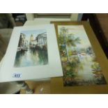 Two water colours - Venice, plus a river scene