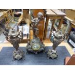 19th century French Spelter Clock Garniture, the clock surmounted with a Fairy