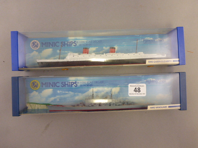 Two Boxed Hornby Minic Ships, 1:1200 Scale Diecast Models ' RMS Queen Elizabeth ' and ' HMS Vanguard