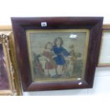 A Victorian needlework of children and a dog, in rosewood veneer frame