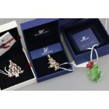 Boxed Swarovski Christmas tree brooch, red and green baubles, boxed Swarovski green holly and red