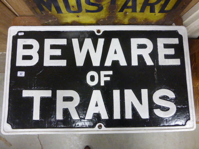 Heavy cast iron railway sign 'Beware of trains'