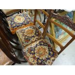 Two Victorian mahogany framed chairs, each with carpet upholstery along with a matching stool