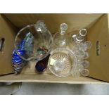 Collection of glass, including two large multi-coloured glass fish, decanters and other items