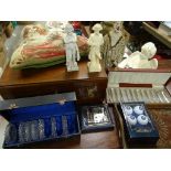 Mixed Lot including Hardwood Brass Inlaid Tray, Canteen Box, Embroidered Cushion, etc