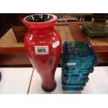 Caithness red glass case - Nouveau design & blue glass vase with cube design