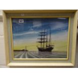 Watercolour painting by David James of a ship coming into harbour